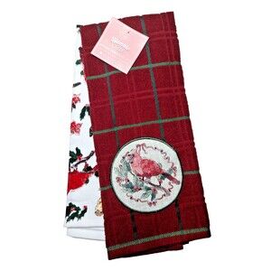 Humble Cheer Christmas Cardinal Kitchen Towels 2-pc Cotton Embroidered Applique